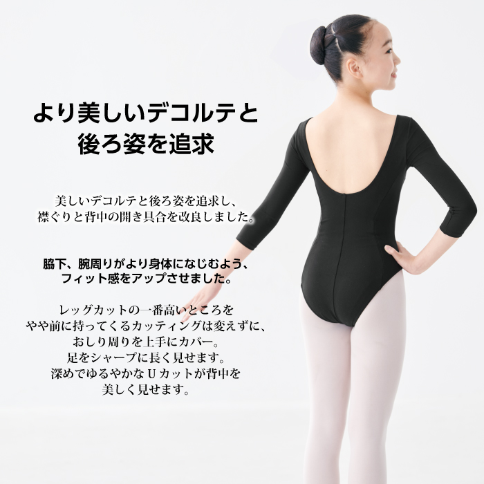 Three-angle comparison showing front, side, and back views of proper leotard fit for audition assessment